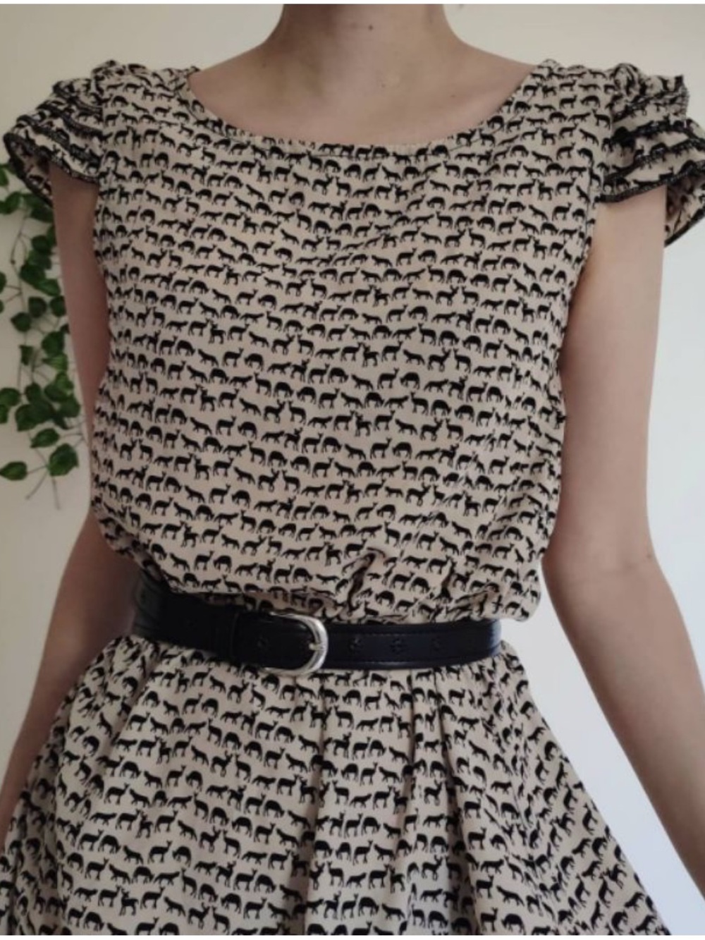 CBRL ruffled cap sleeve light weight deer and fox print dress